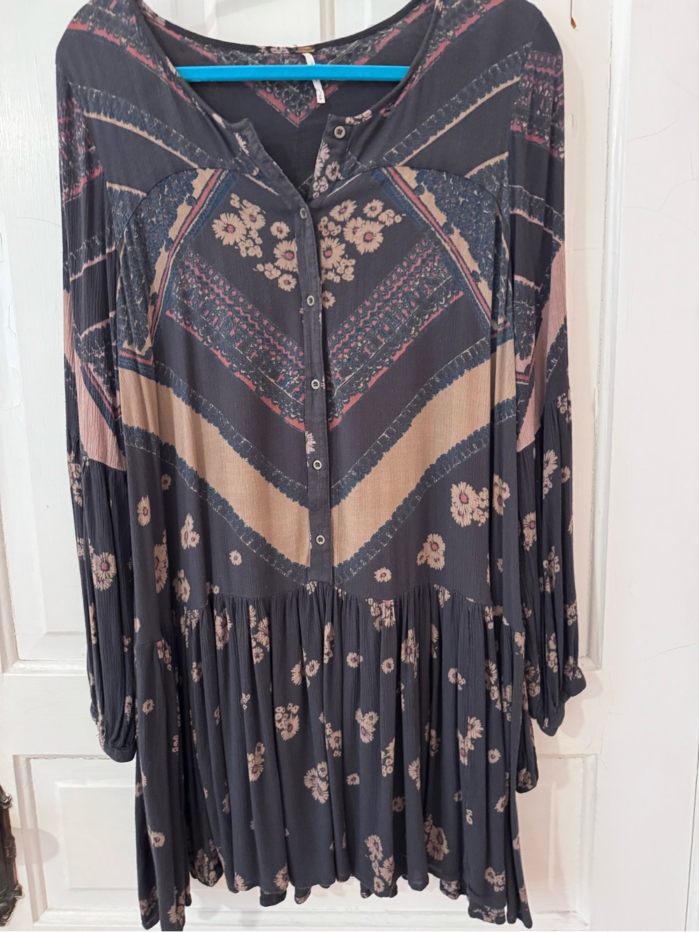 Free People Long-Sleeve Boho Floral Button Dress in Charcoal and Beige